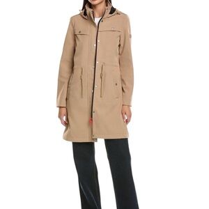 NWT Kate British Tan Small Softshell Hooded Cinched Waist Longline Rain Coat